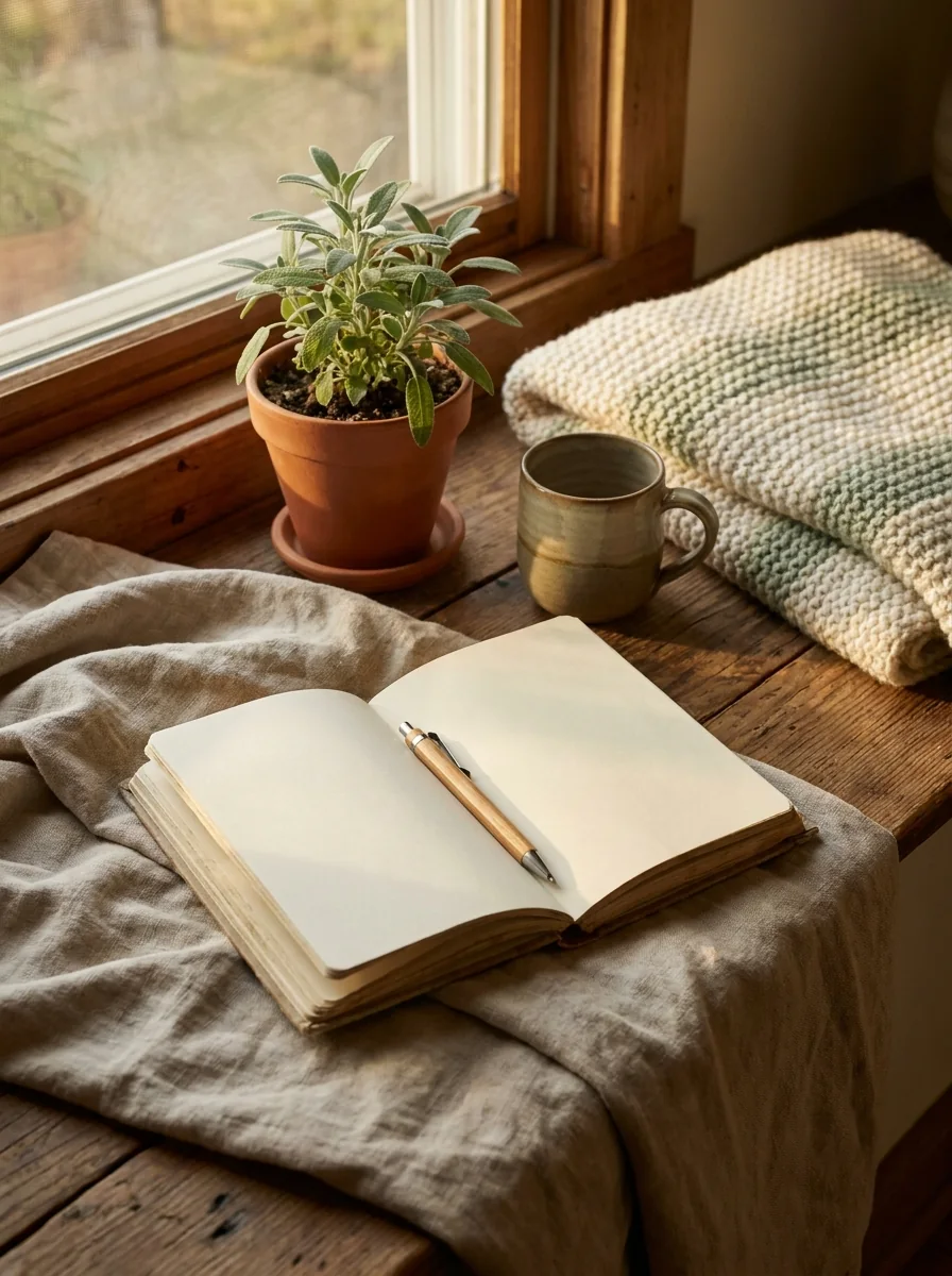 An open journal and a warm cup beside a sunlit window